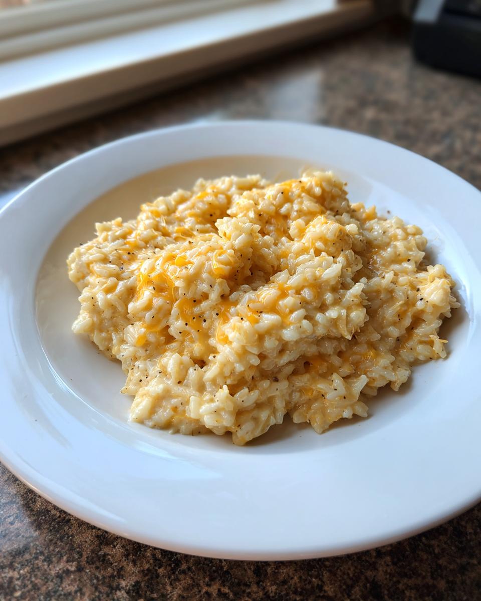 A close-up of creamy, cheesy rice mixed with melted cheddar and black pepper served on a white plate.