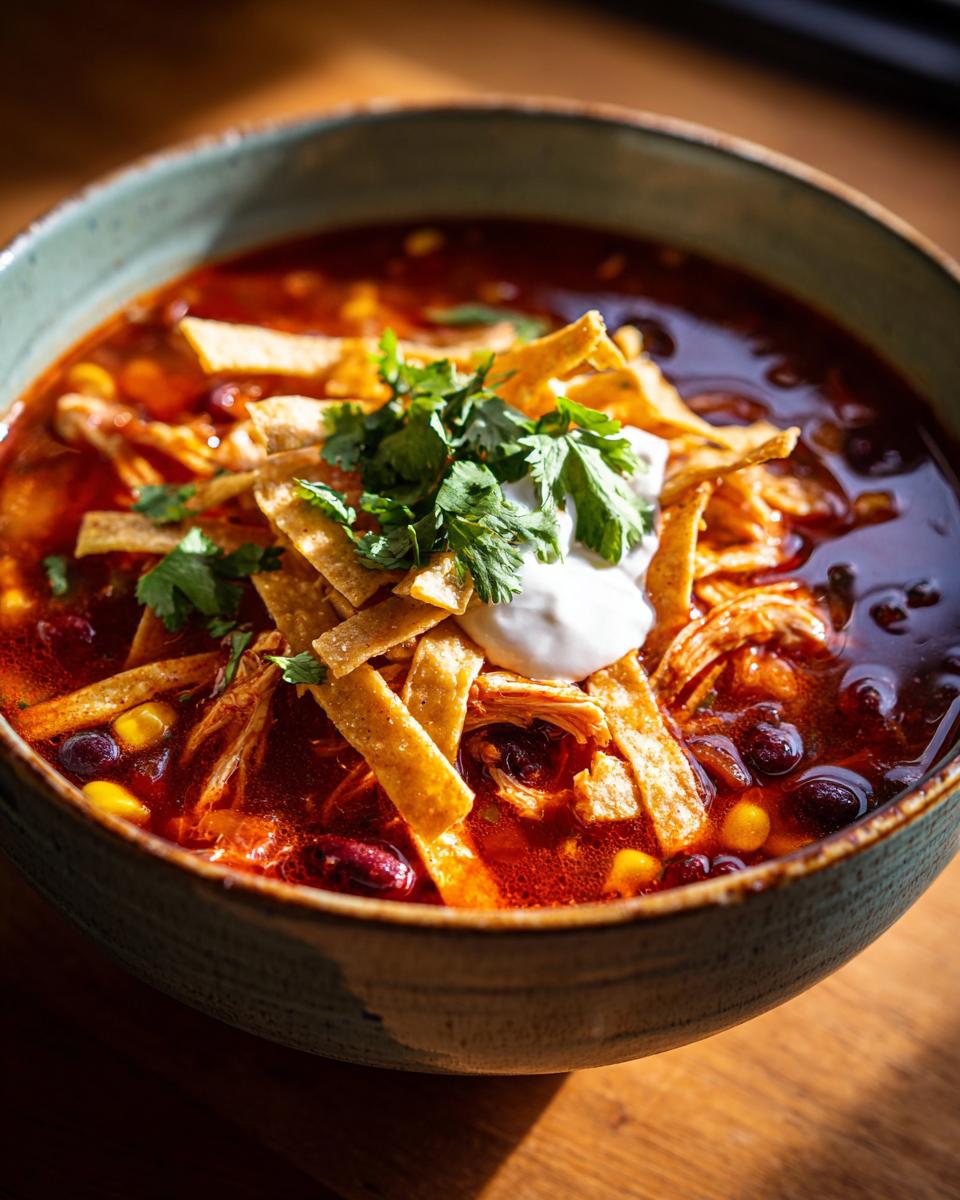 A close-up of a bowl of rich, red chicken tortilla soup topped with crispy tortilla strips, sour cream, and cilantro.