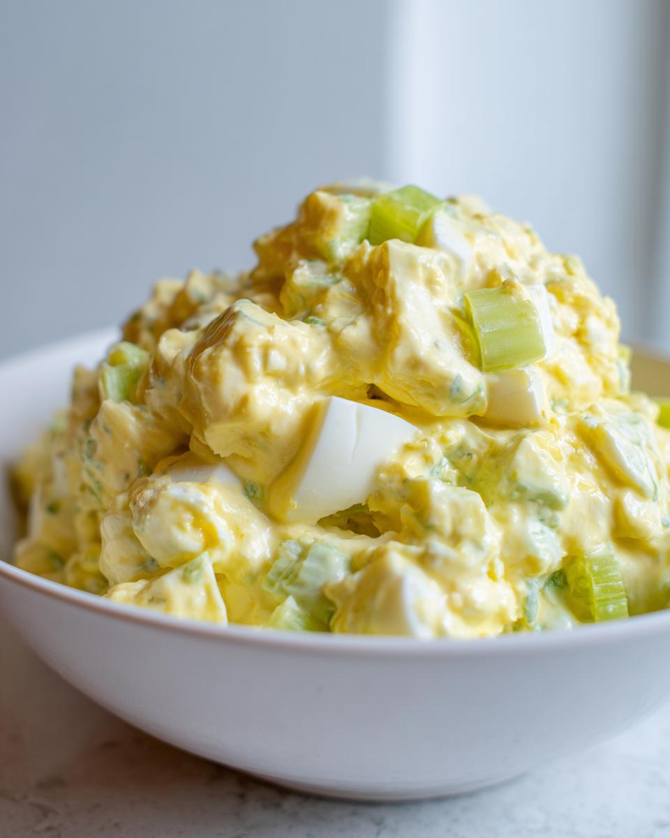 Close-up of a creamy, yellow egg salad recipe with chunks of hard-boiled egg and visible pieces of green celery in a white bowl.