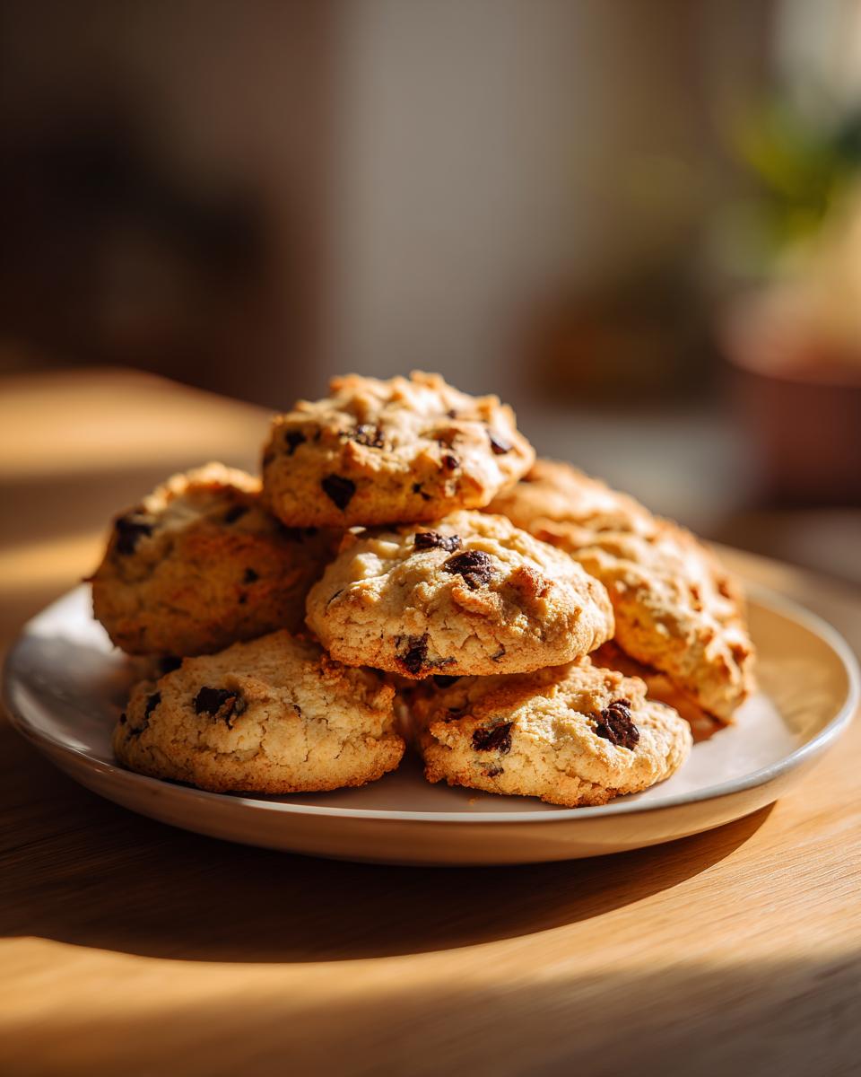 A tempting stack of freshly baked forgotten cookies with visible chocolate chips piled on a small white plate.