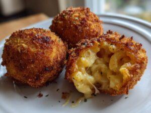 Three golden brown fried mac and cheese balls on a plate, one cut open showing melted, gooey cheese and macaroni inside.