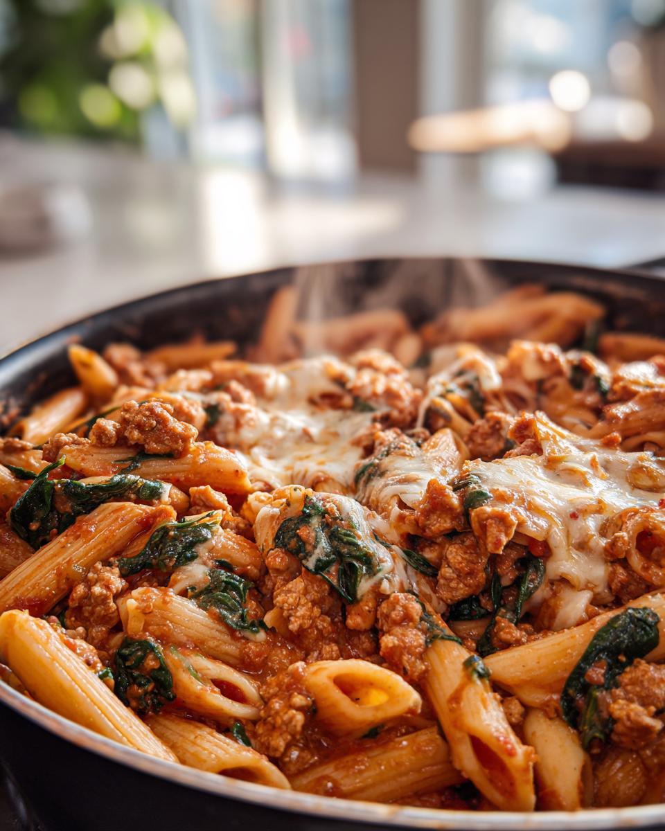 Close-up of hot ground turkey pasta mixed with spinach and topped with melted mozzarella cheese, steaming in a black skillet.