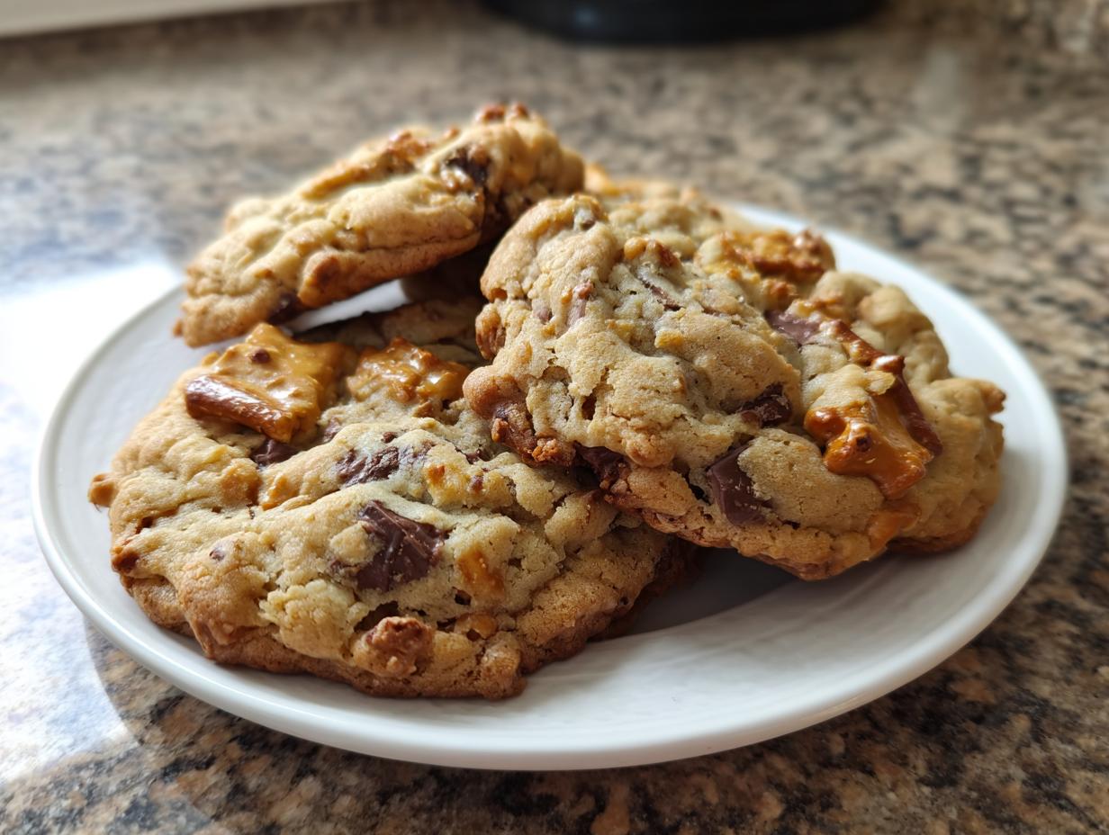 A stack of freshly baked kitchen sink cookies loaded with chocolate chunks and pretzel pieces, served on a white plate.