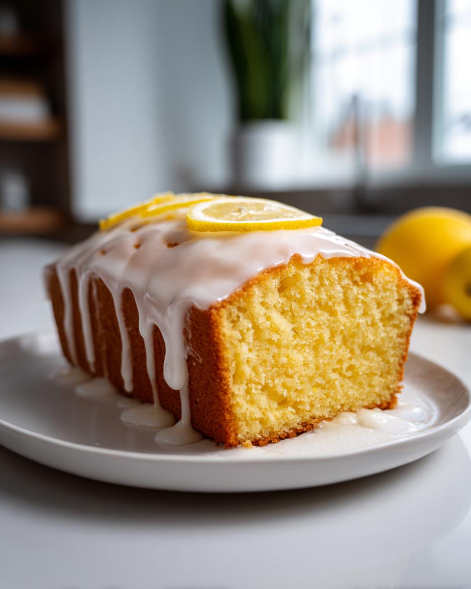 A moist slice of homemade lemon loaf cake topped with thick white glaze and lemon slices.