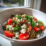 Close-up of a vibrant lentil salad featuring brown lentils, halved cherry tomatoes, crumbled white cheese, and fresh parsley.