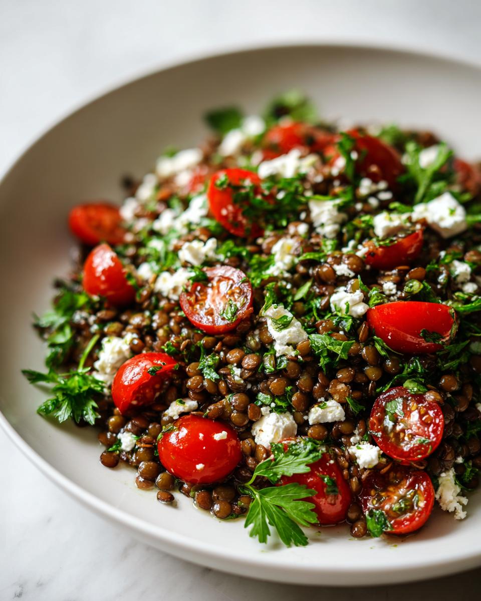 Close-up of a fresh lentil salad mixed with halved cherry tomatoes, crumbled white cheese, and fresh parsley.