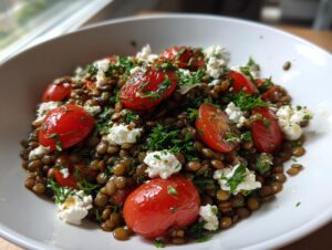 Close-up of a vibrant lentil salad featuring brown lentils, halved cherry tomatoes, crumbled white cheese, and fresh parsley.