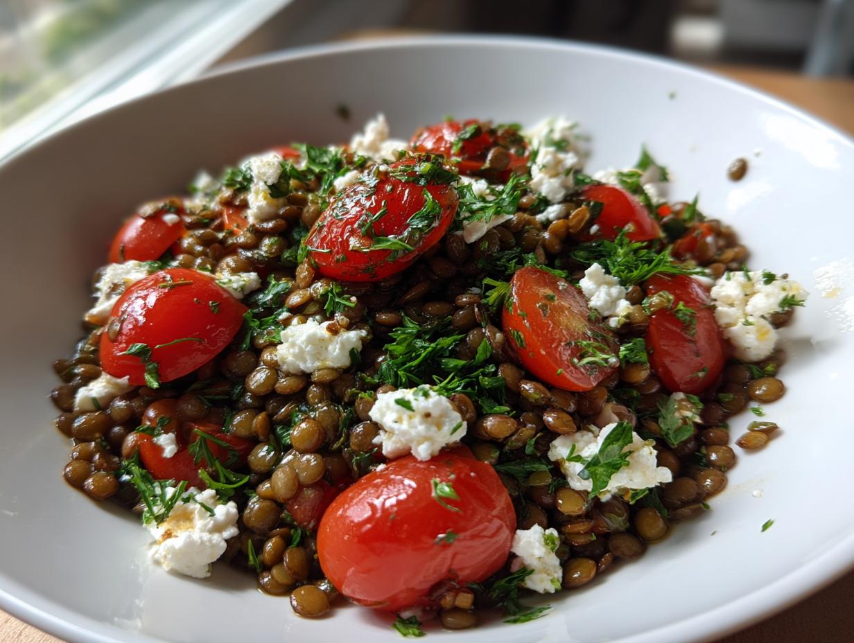 Close-up of a vibrant lentil salad featuring brown lentils, halved cherry tomatoes, crumbled white cheese, and fresh parsley.