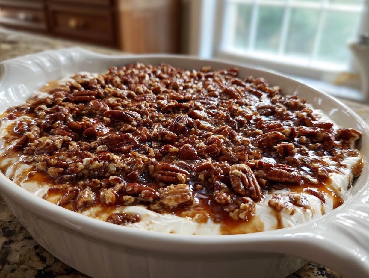 A white baking dish filled with creamy pecan pie dip topped generously with glazed pecans.