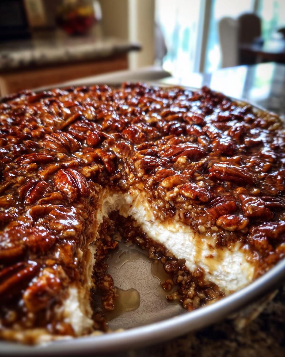 A rich, glossy pecan pie dip topped with whole pecans, showing a creamy white center where a slice has been removed.
