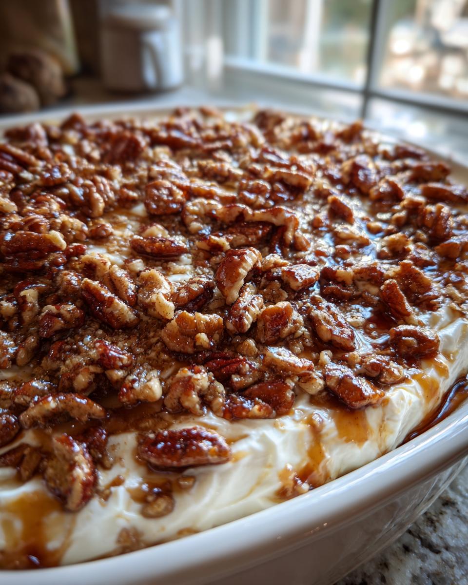 A close-up of a creamy dessert topped generously with glazed, candied pecans for the pecan pie dip.