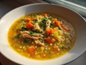 A close-up shot of a white bowl filled with steaming penicillin soup, featuring shredded chicken, carrots, celery, and small pasta, garnished with parsley.