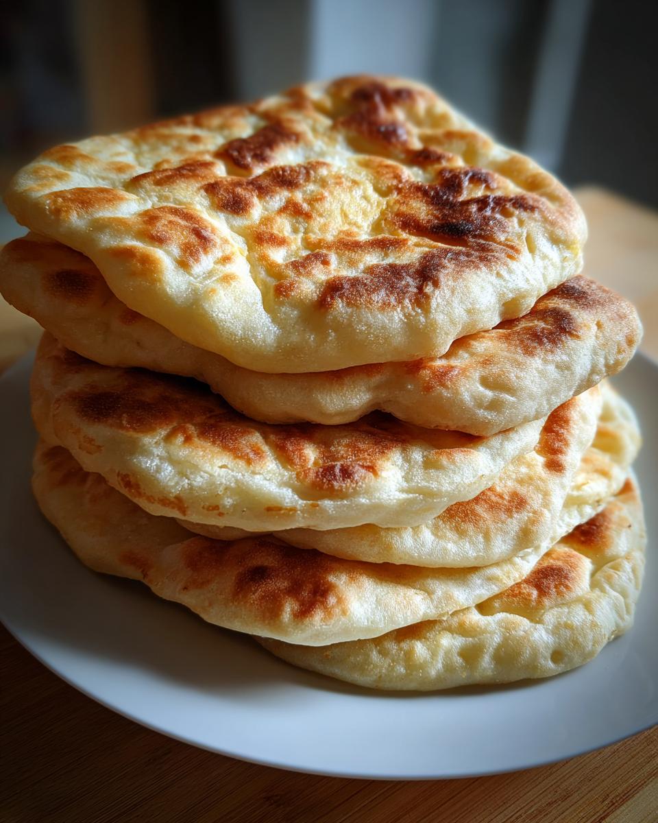 A stack of four golden-brown, freshly puffed pita bread rounds resting on a white plate.