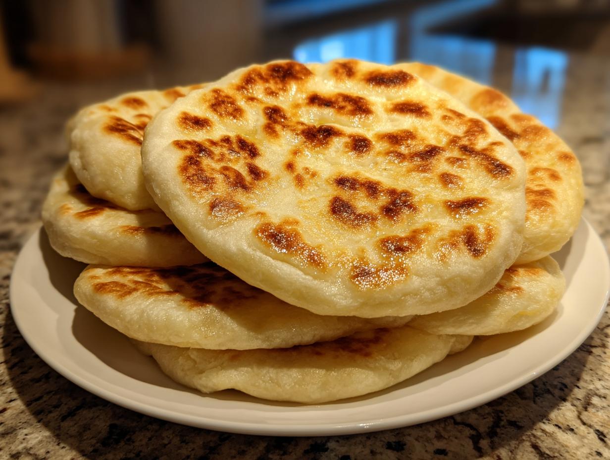 A stack of freshly cooked, puffy pita bread rounds with beautiful golden-brown charred spots on a white plate.