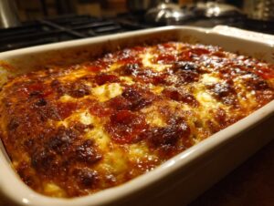 Close-up of a bubbling, cheesy pepperoni pizza dip baked golden brown in a white rectangular dish.