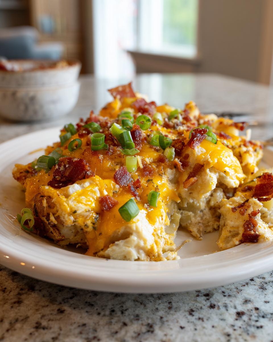 A close-up serving of creamy potato casserole topped with melted cheddar cheese, bacon bits, and fresh green onions.