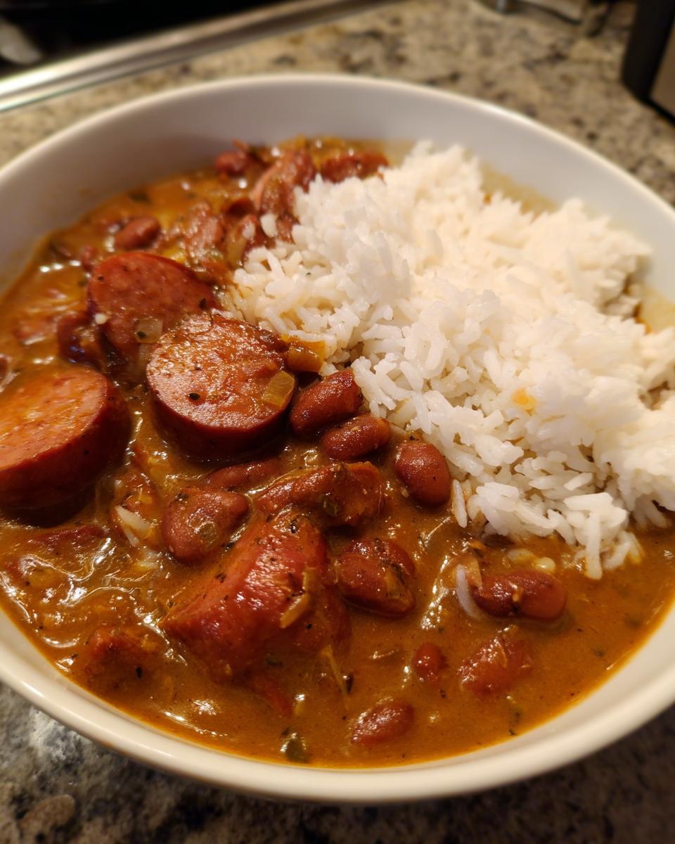 A close-up of a white bowl filled with rich, savory red beans and rice, topped with sliced smoked sausage.