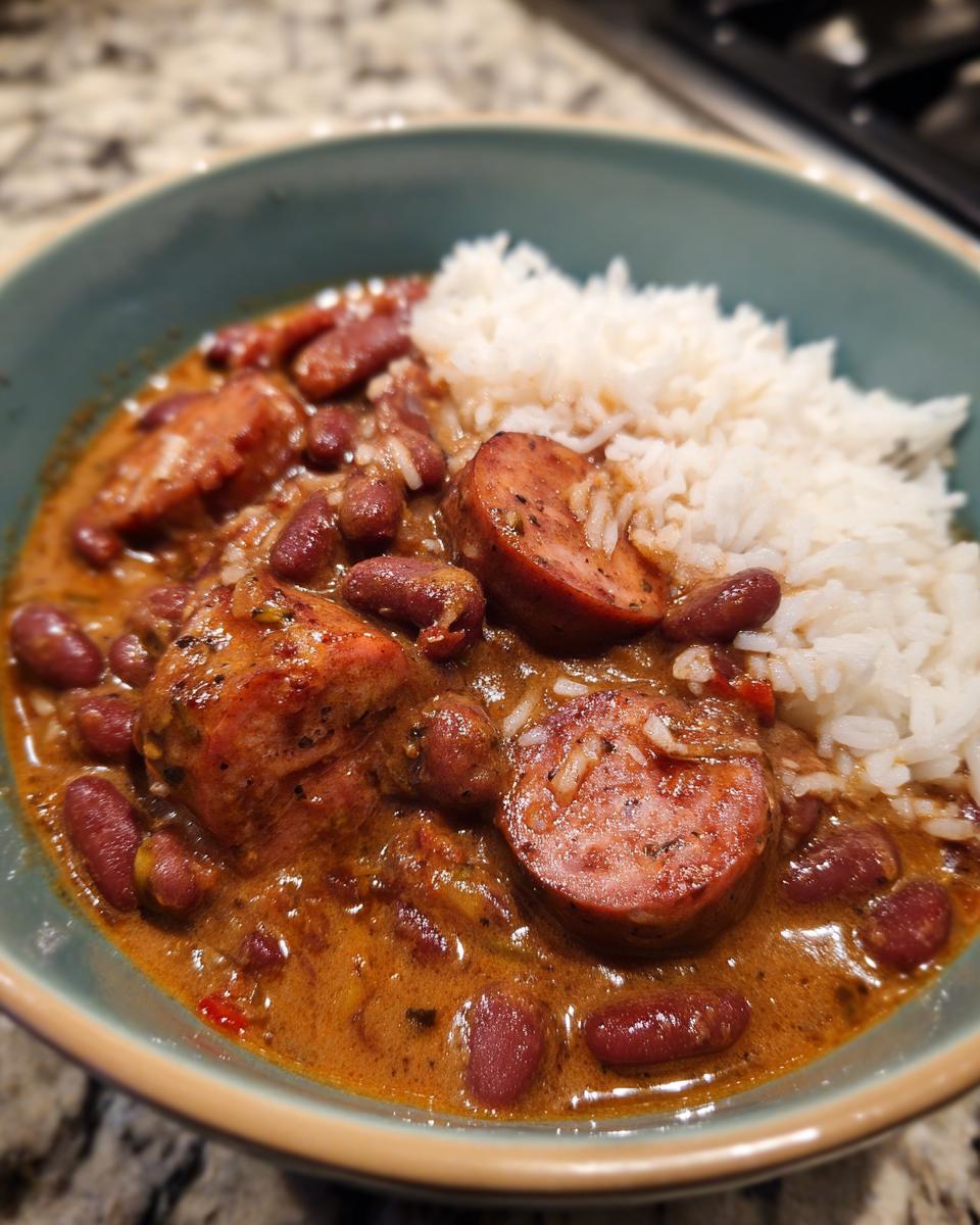 A close-up view of a bowl filled with creamy red beans and rice, featuring thick slices of smoked sausage.