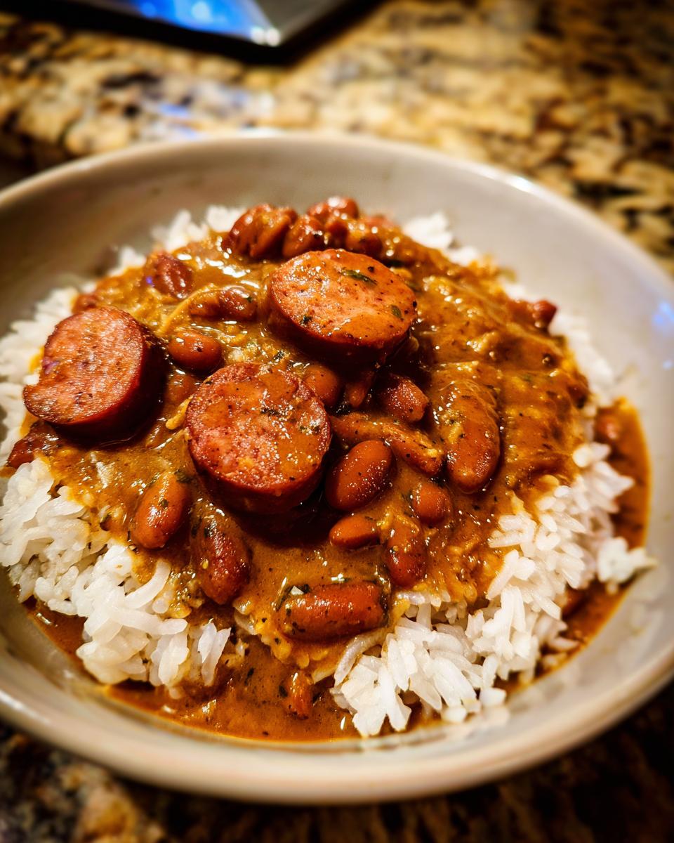 Close-up of a bowl of white rice topped with savory red beans and rice stew and sliced smoked sausage.