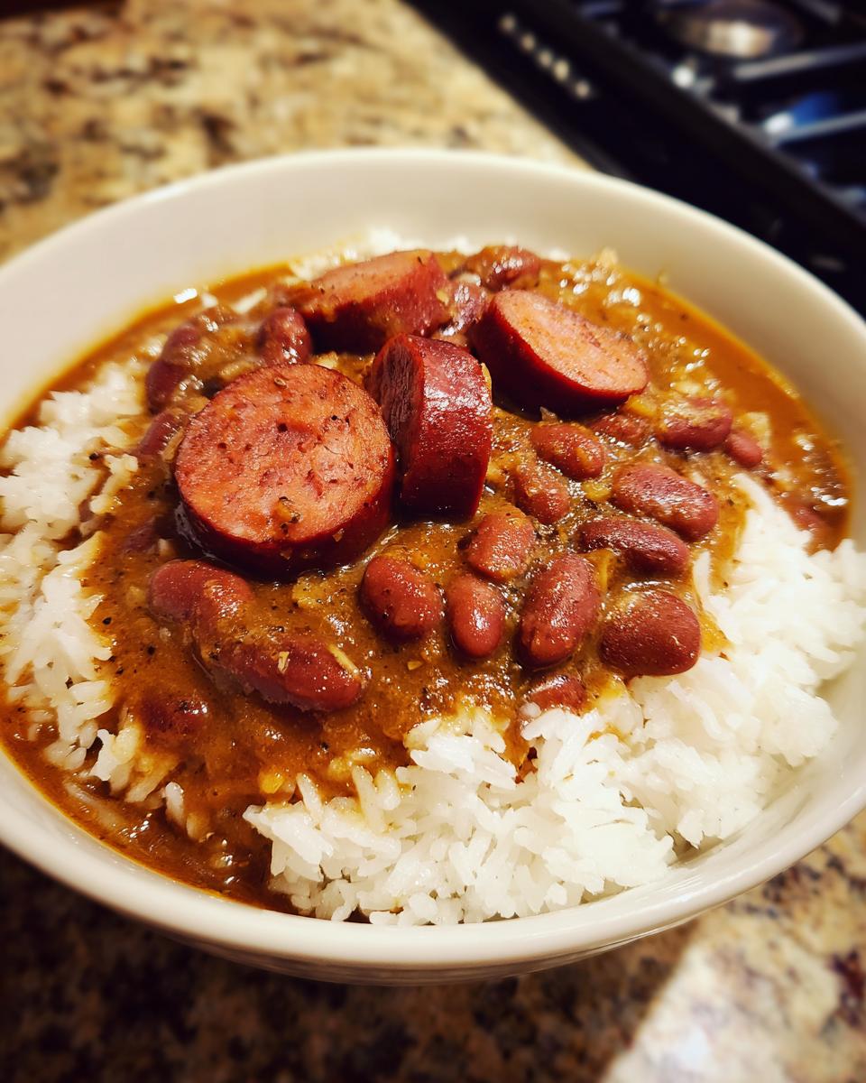 Close-up of a white bowl filled with white rice topped with rich, saucy red beans and slices of smoked sausage.