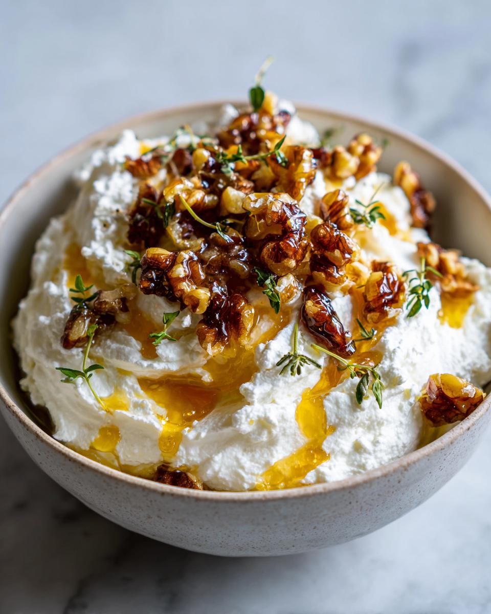 Close-up of a creamy ricotta dip topped with caramelized walnuts, honey drizzle, and fresh thyme sprigs.
