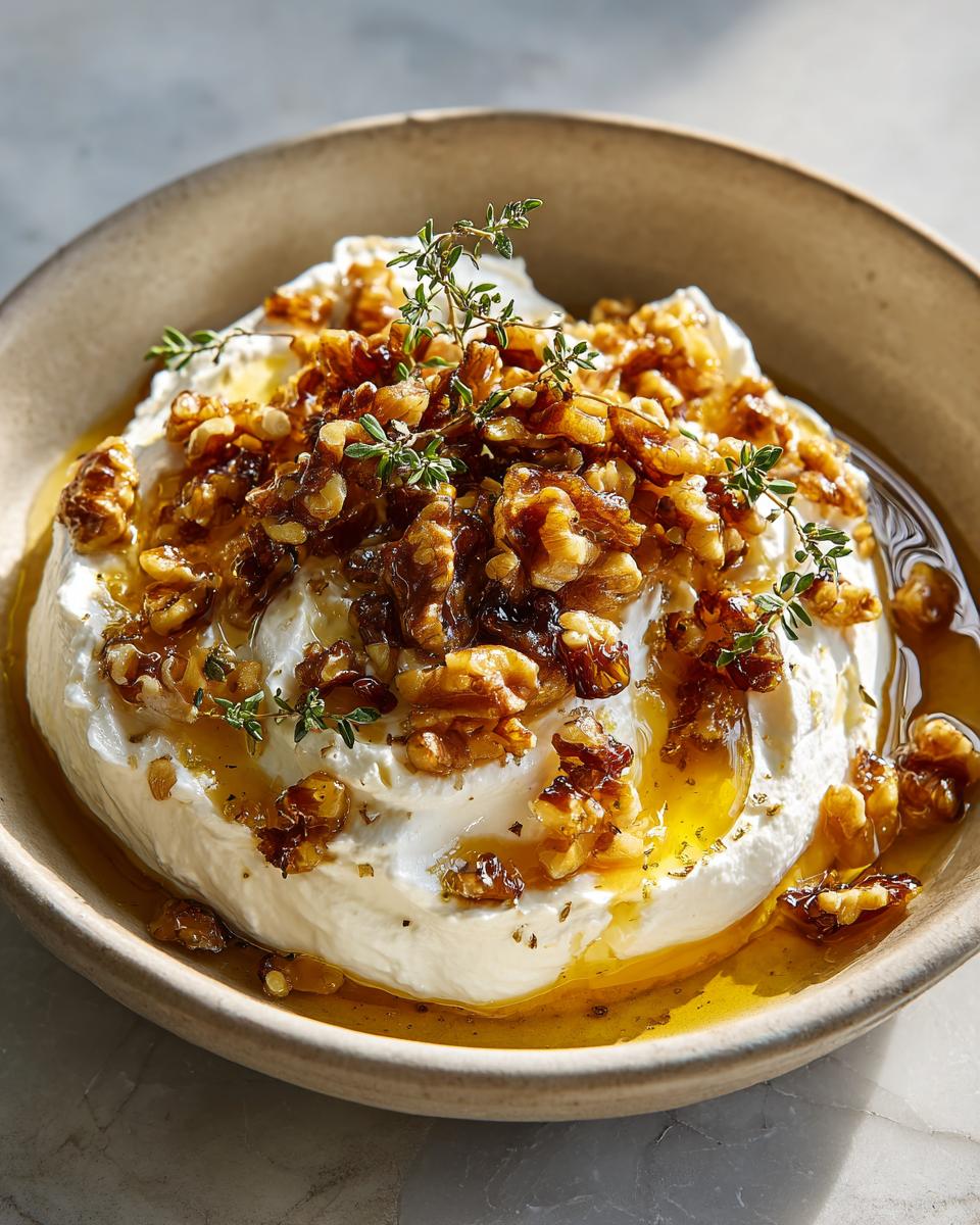 A creamy mound of ricotta dip topped with candied walnuts, honey drizzle, and fresh thyme sprigs.