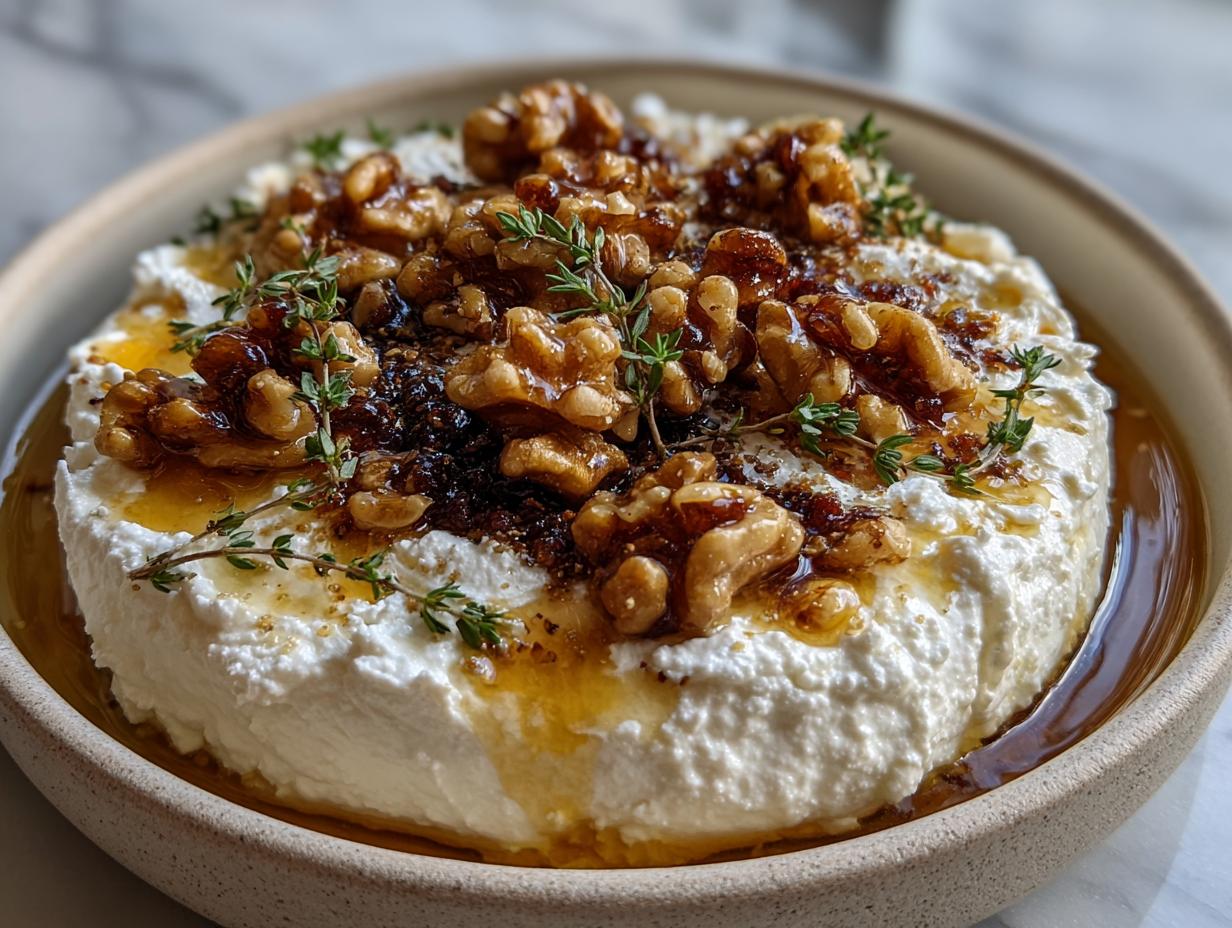 A mound of creamy ricotta dip topped with candied walnuts, honey drizzle, and fresh thyme sprigs.