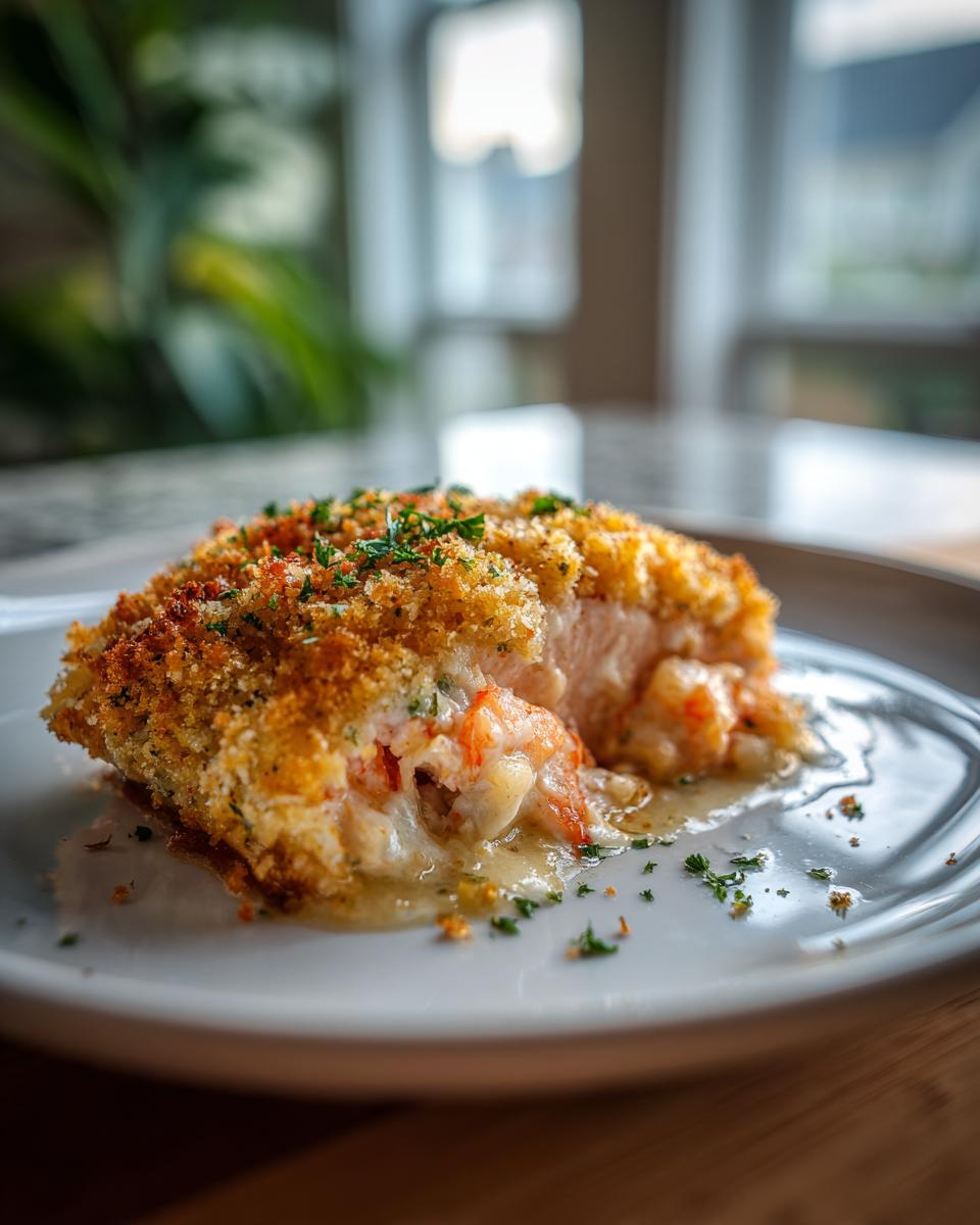 A piece of stuffed salmon with a golden, crispy breadcrumb crust, revealing a creamy seafood filling inside.