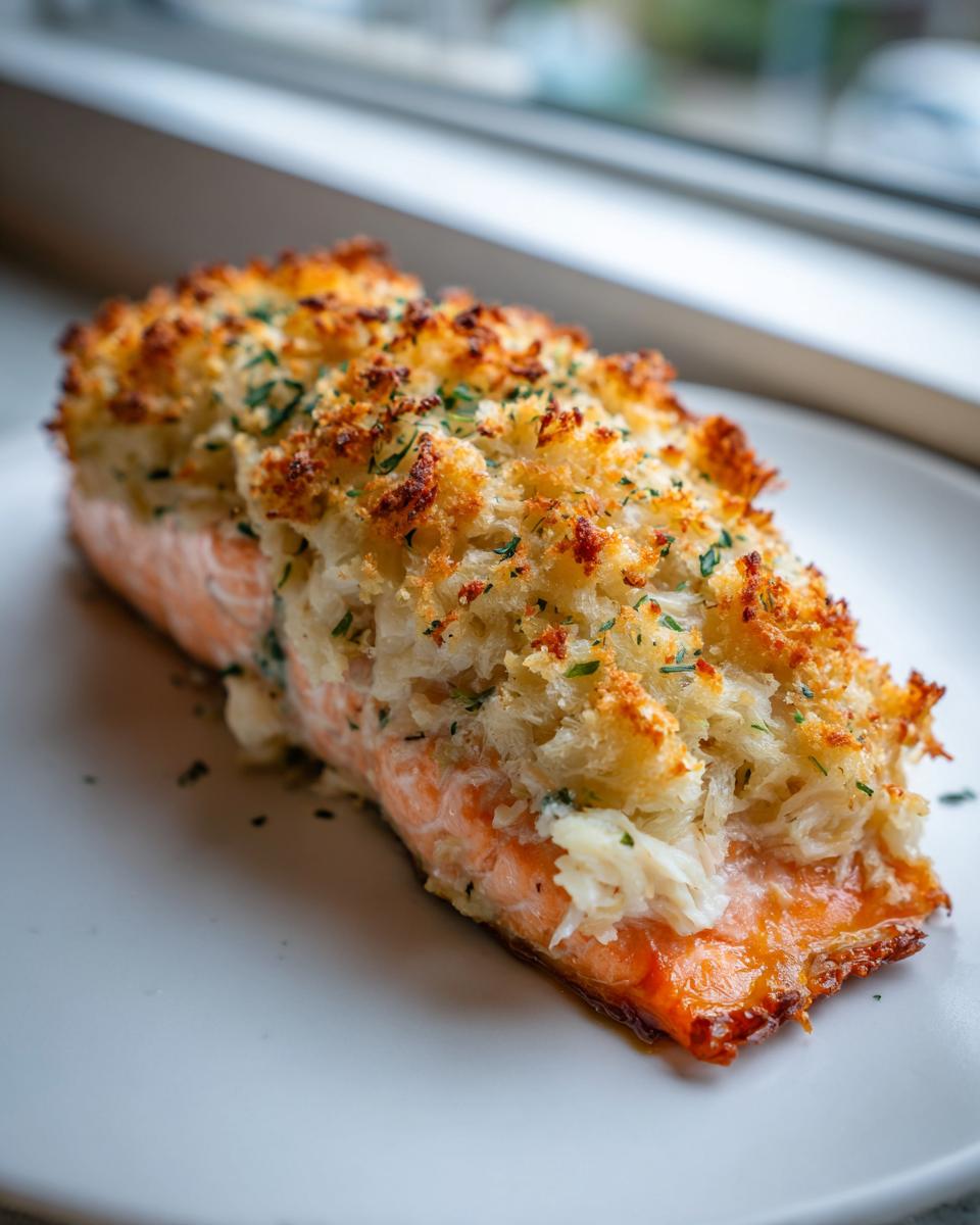 Close-up of a perfectly cooked stuffed salmon fillet with a golden, crispy breadcrumb topping.