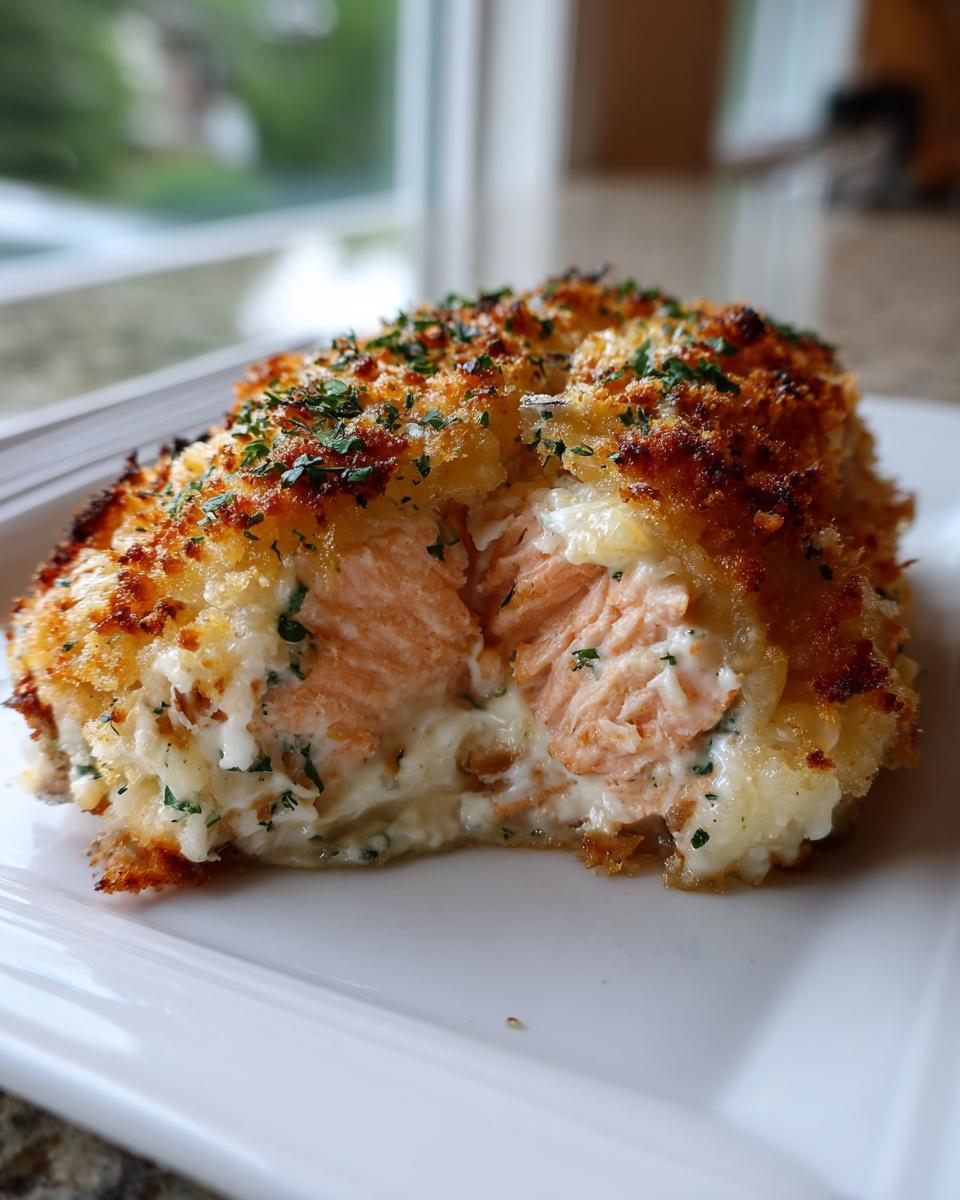 A cross-section view of baked stuffed salmon showing flaky pink fish and creamy filling, topped with golden breadcrumbs.