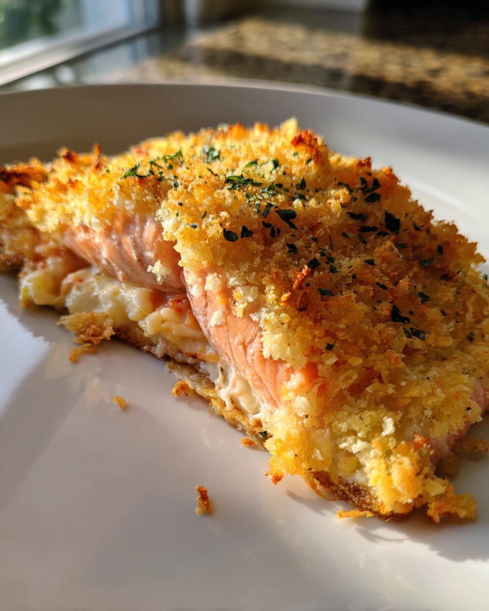 Close-up of a perfectly cooked stuffed salmon fillet with a crispy golden breadcrumb topping and creamy filling.
