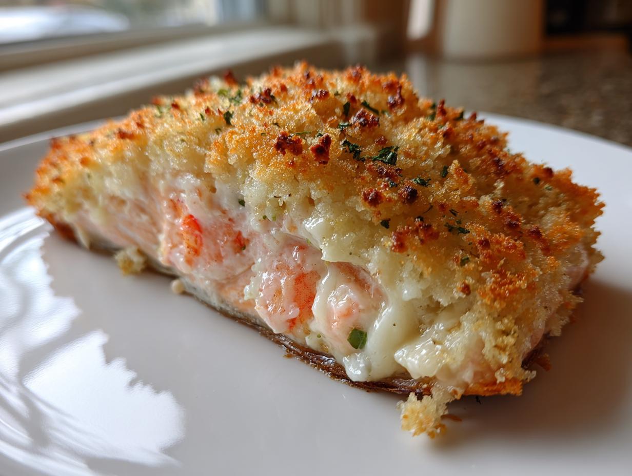 Close-up of a baked stuffed salmon fillet with a golden, crispy breadcrumb topping and creamy filling visible.