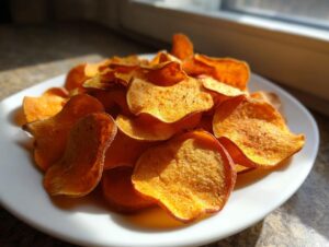 A mound of golden-orange, crispy homemade sweet potato chips seasoned with spices, piled on a white plate.