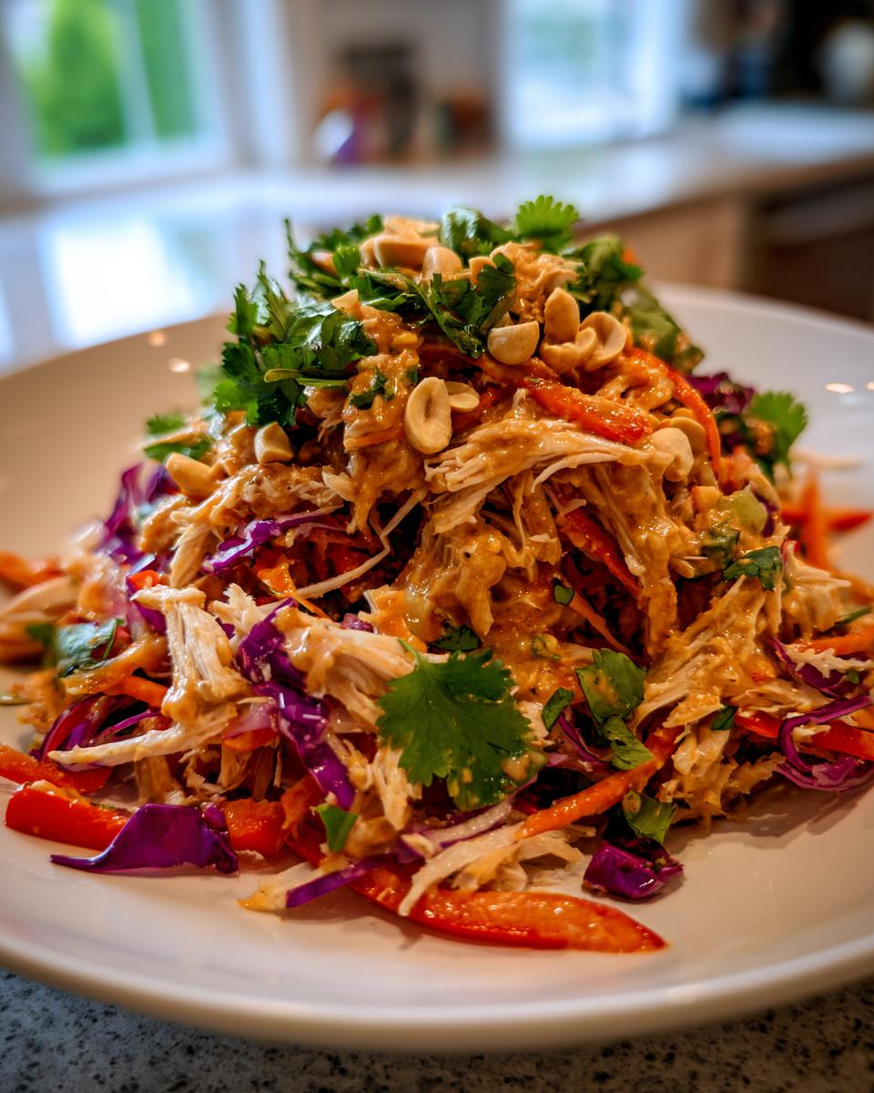 A vibrant mound of thai chicken salad featuring shredded chicken, purple cabbage, carrots, and a peanut dressing, topped with cilantro and peanuts.