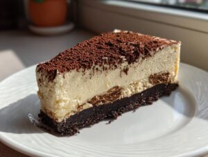 A perfect slice of tiramisu cheesecake featuring a dark crust, creamy filling, and heavy cocoa powder dusting.