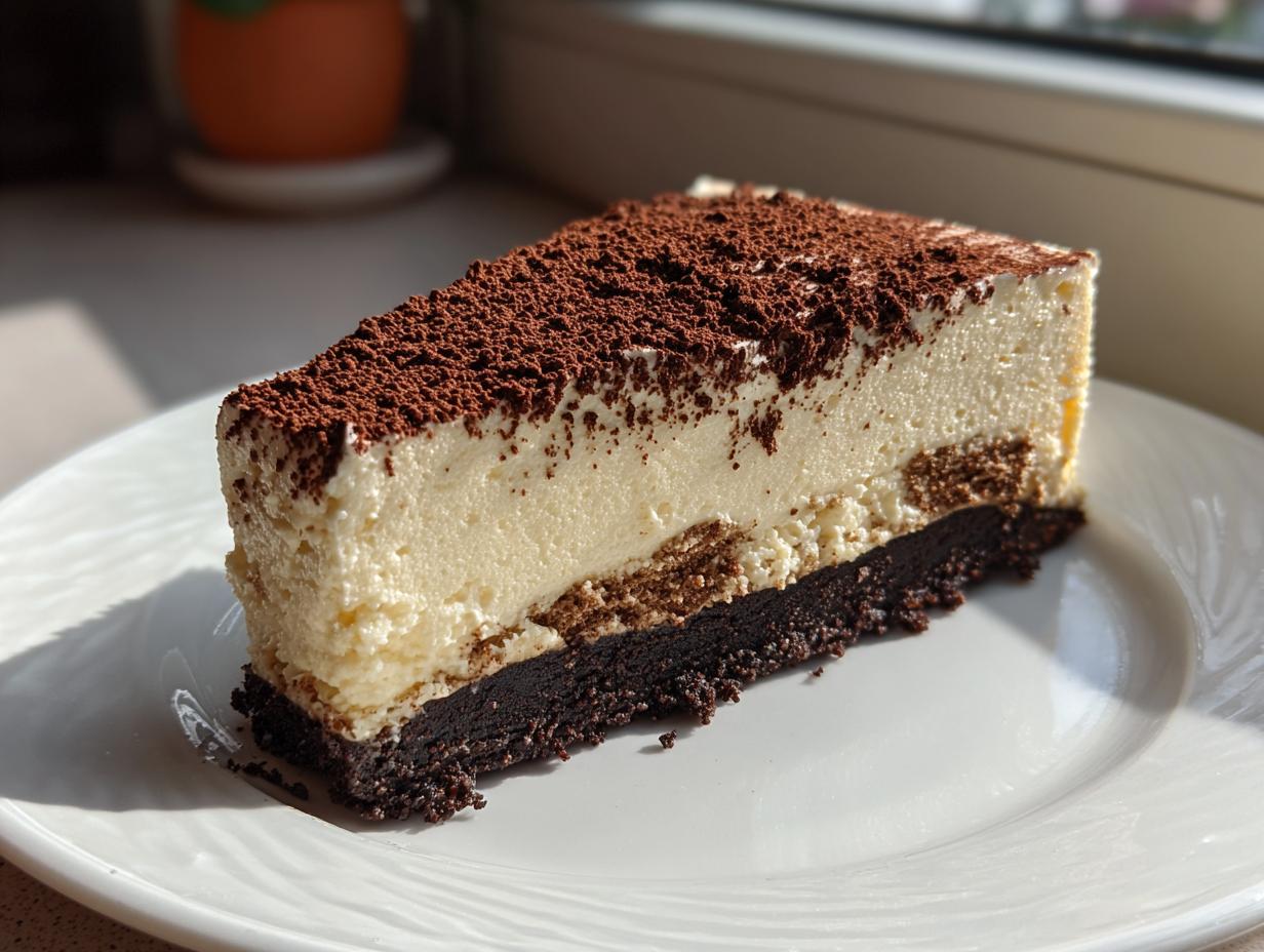 A perfect slice of tiramisu cheesecake featuring a dark crust, creamy filling, and heavy cocoa powder dusting.