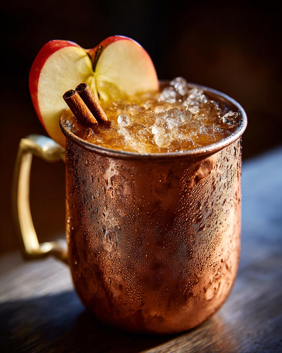A frosty copper mug filled with an apple cider moscow mule, garnished with an apple slice and cinnamon sticks.