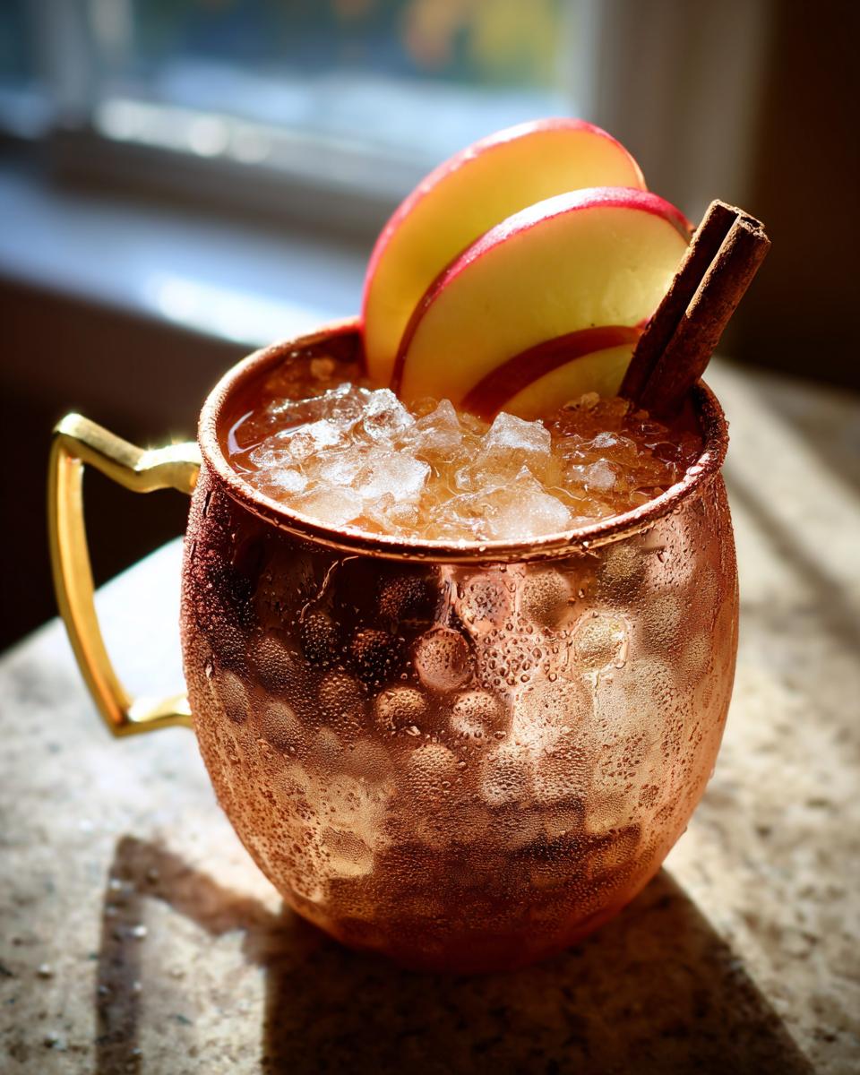 Close-up of a frosty copper mug filled with an apple cider moscow mule, garnished with apple slices and cinnamon sticks.