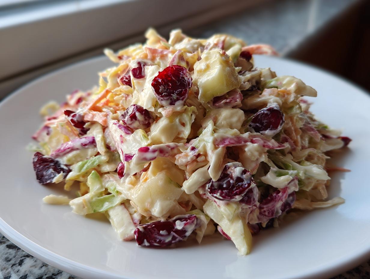 Close-up of a serving of creamy apple cranberry coleslaw featuring shredded cabbage, carrots, apples, and dried cranberries.