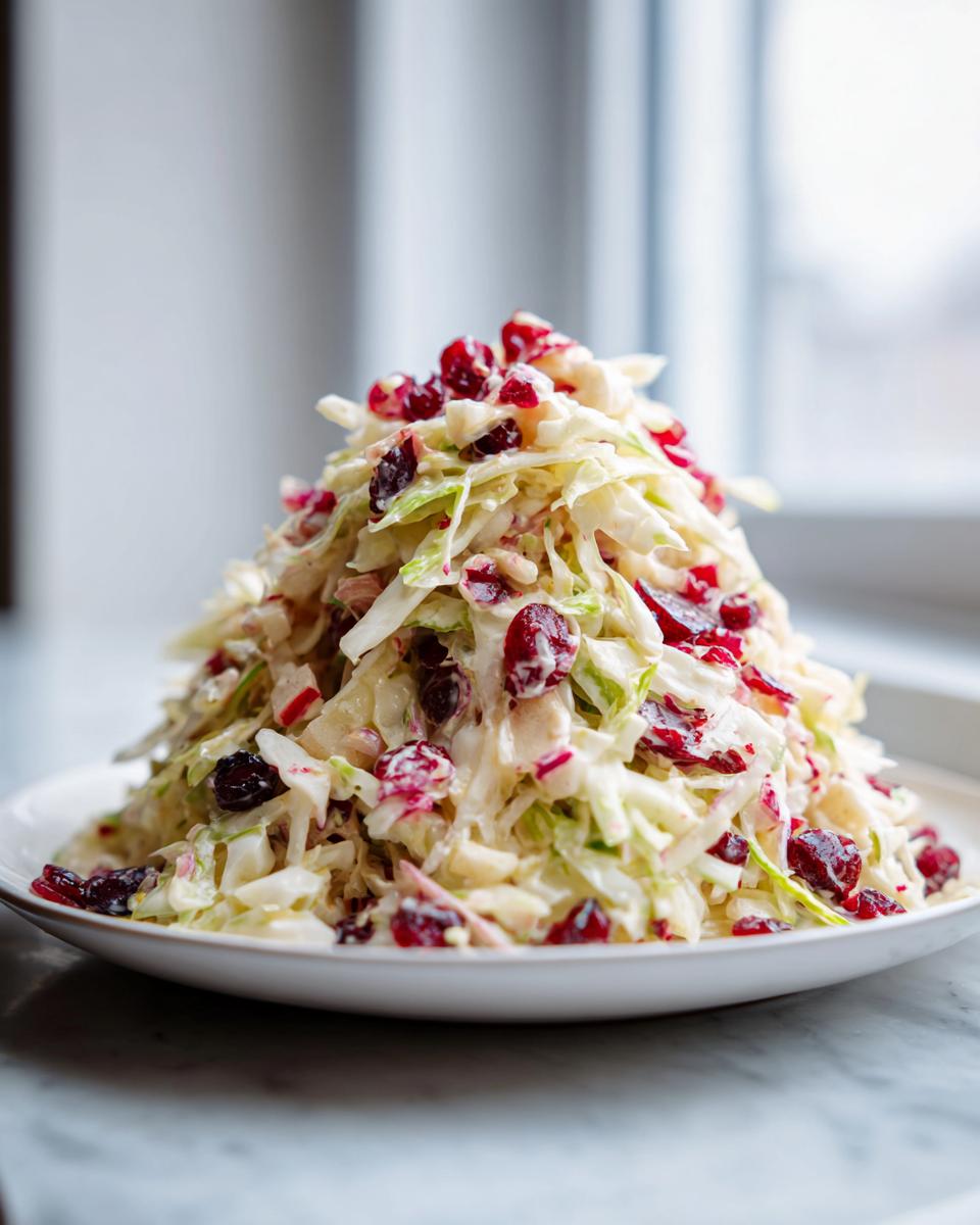 A tall mound of creamy apple cranberry coleslaw topped with bright red dried cranberries on a white plate.