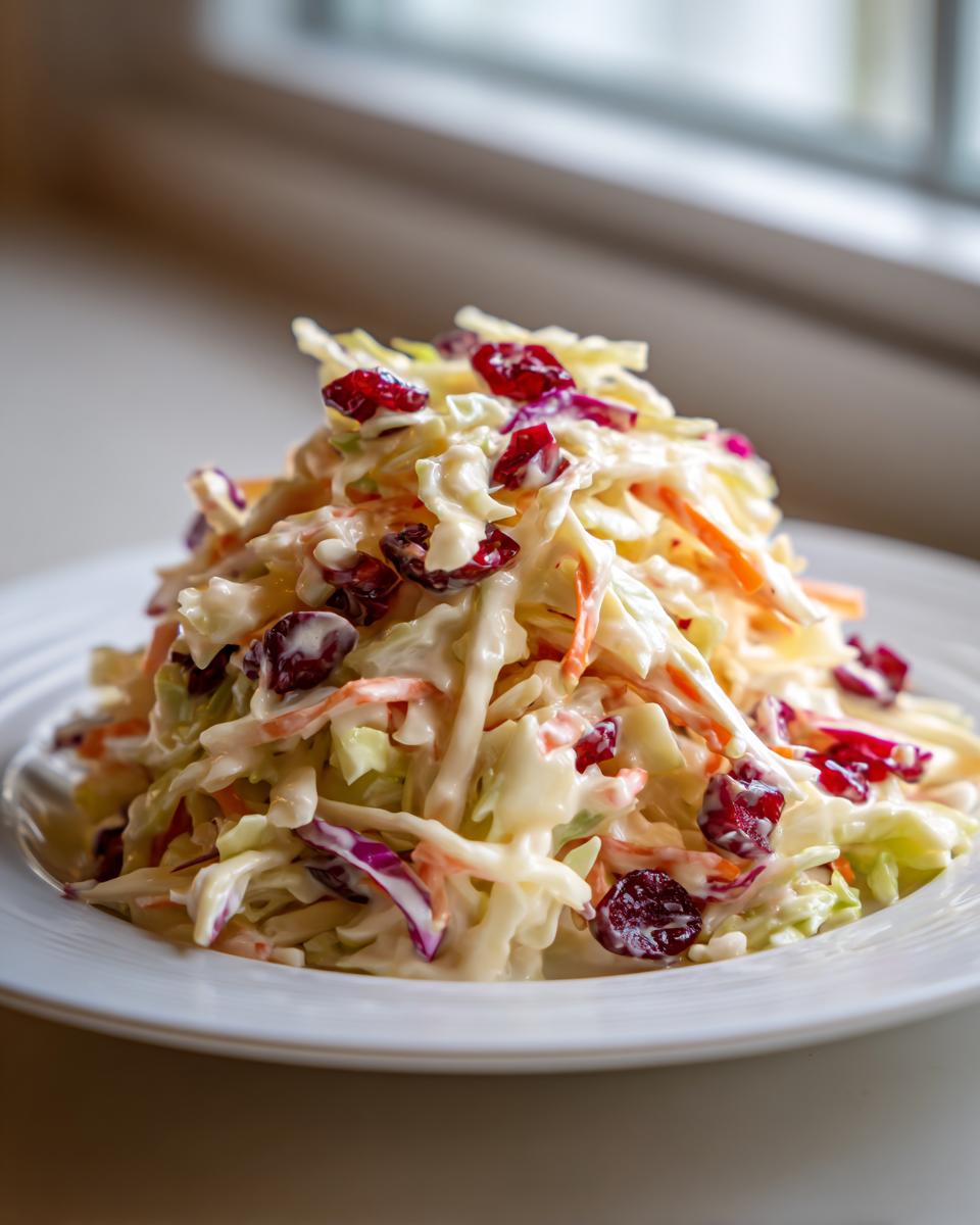 A mound of creamy apple cranberry coleslaw served on a white plate, featuring shredded cabbage, carrots, and dried cranberries.