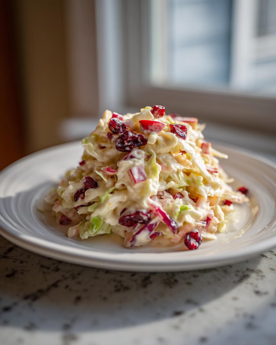 A mound of creamy apple cranberry coleslaw topped with dried cranberries, served on a white plate.