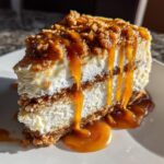 A decadent slice of apple pie cheesecake topped with crumble and rich caramel sauce dripping down the sides.