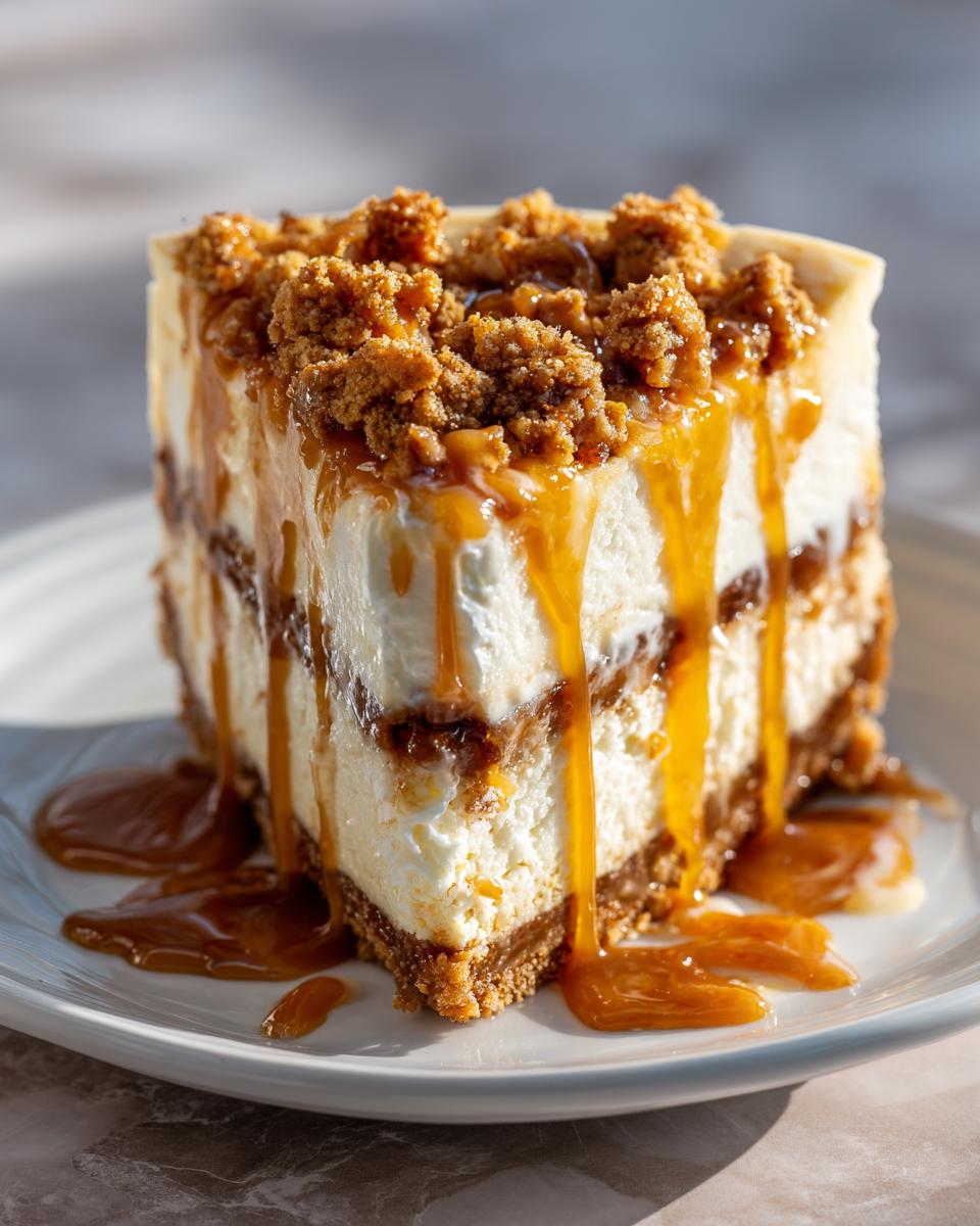 A tall slice of apple pie cheesecake drizzled heavily with caramel sauce and topped with crumble.