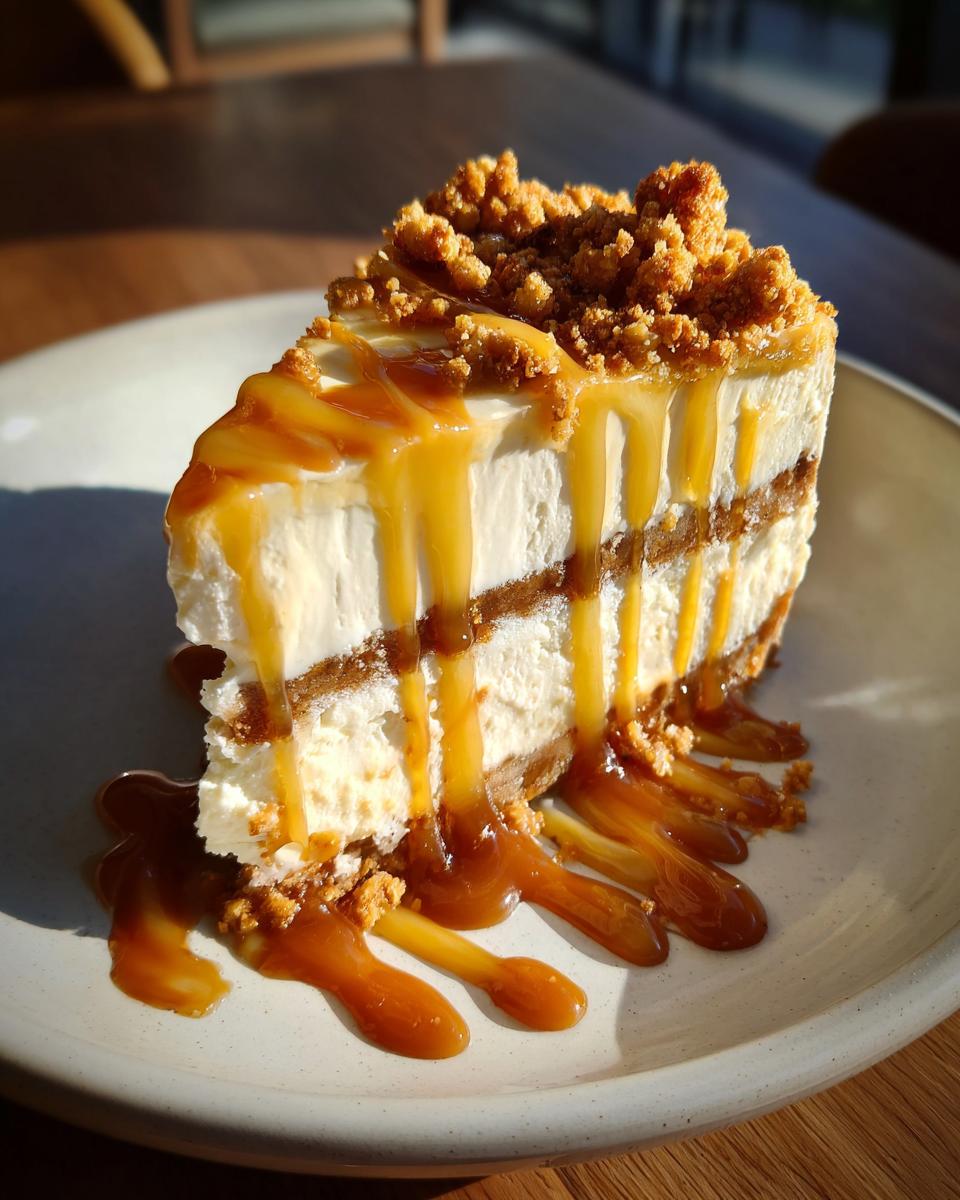 A tall slice of apple pie cheesecake topped with crumble and dripping with thick caramel sauce.