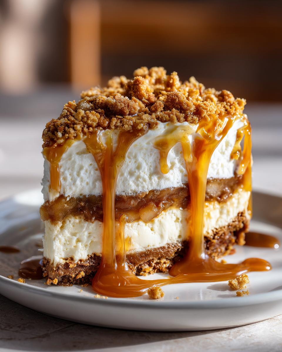 A decadent slice of apple pie cheesecake layered with cream, apples, and topped with crumble and thick caramel sauce.