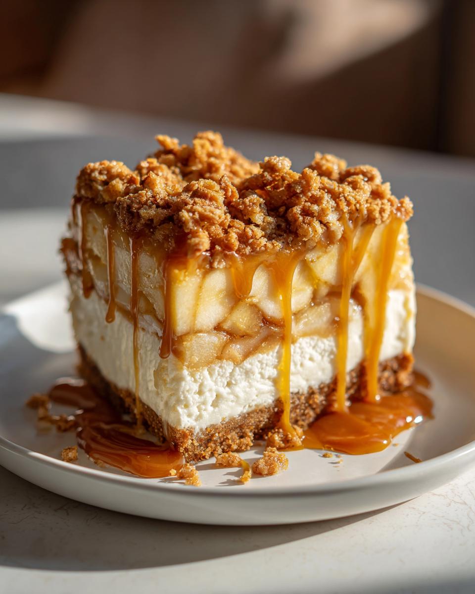 A rich slice of apple pie cheesecake featuring layers of crust, cream cheese, spiced apples, and topped with crumble and caramel drizzle.