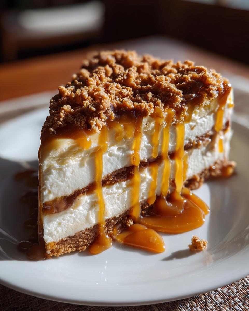 A rich slice of apple pie cheesecake layered with creamy filling, topped with crumble and drizzled heavily with caramel sauce.