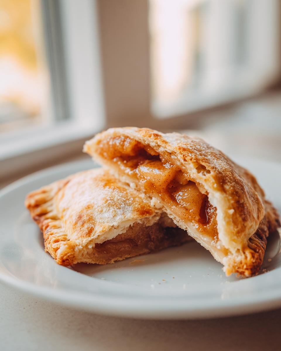 Two halves of a flaky pastry showing the warm, cinnamon-spiced apple filling inside our apple pie cookies.