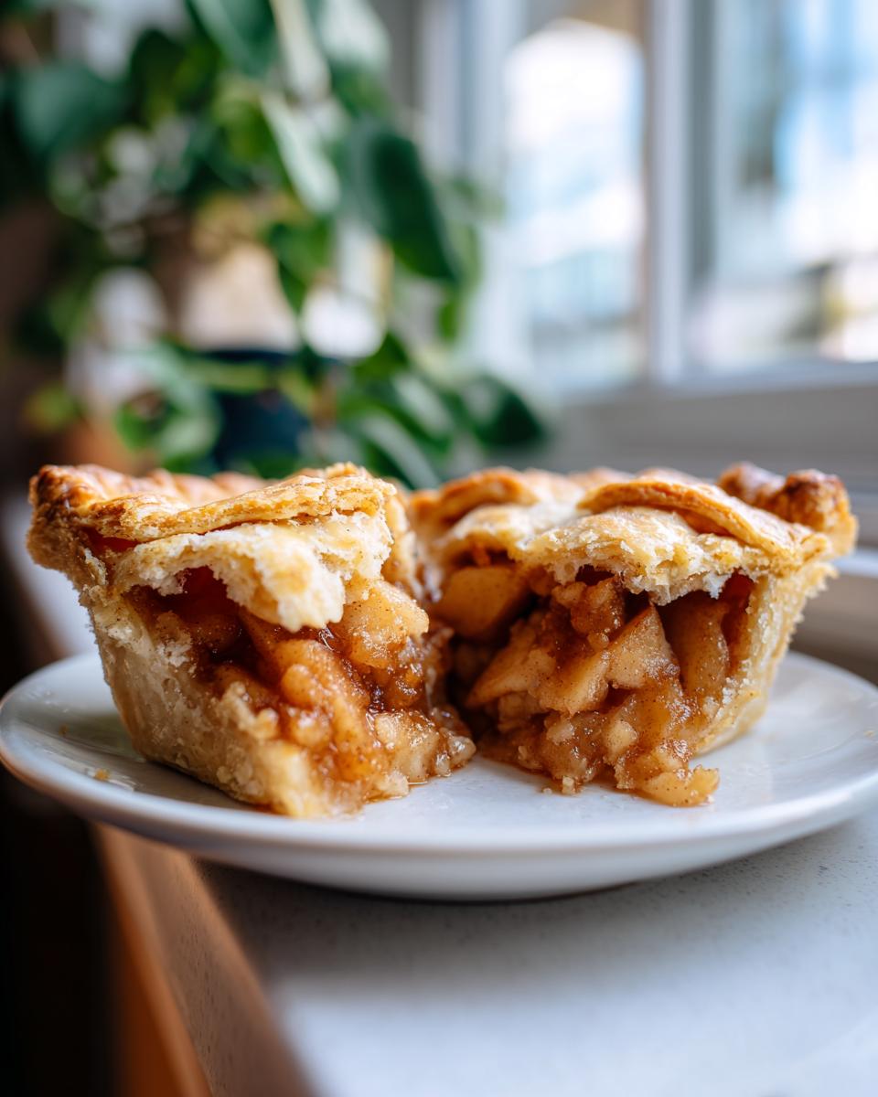 Close-up of two halves of an apple pie cookie showing flaky crust and spiced apple filling.